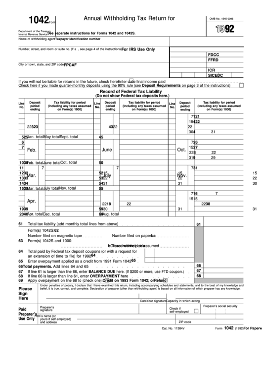 Form 1042 Annual Withholding Tax Return For U s Source Income Of 