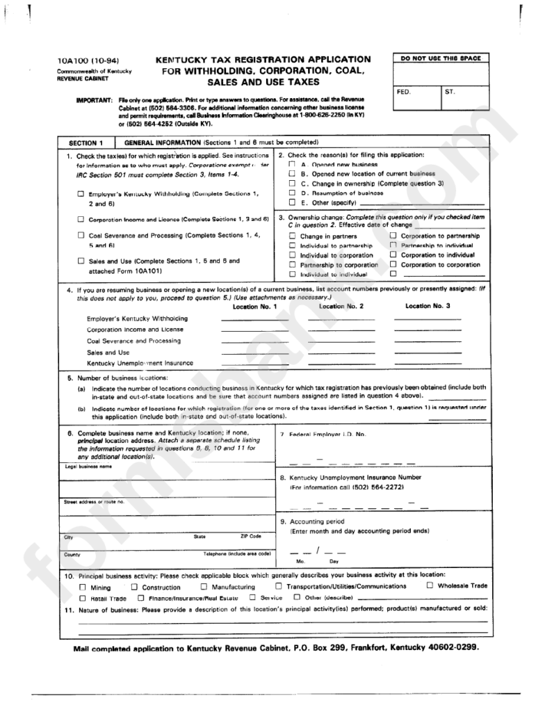 Form 10a100 Kentucky Tax Registration Application For Withholding 