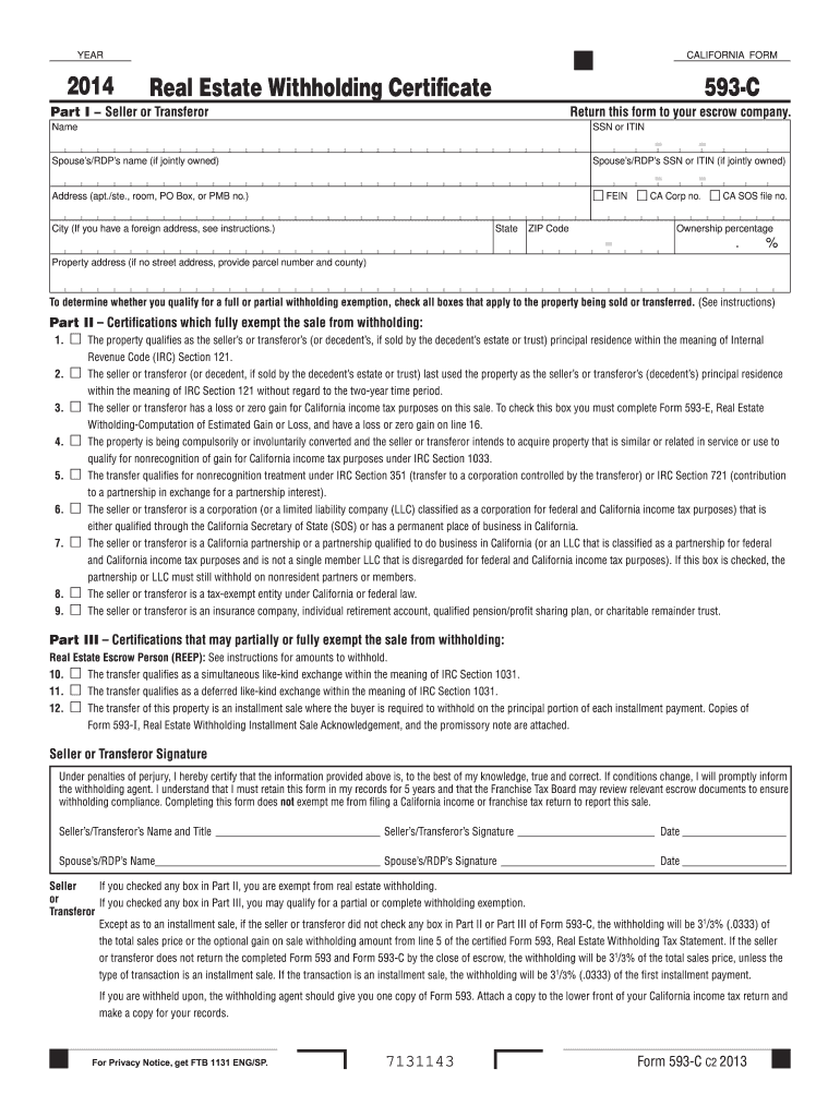 Form 593 C Real Estate Withholding Certificate California Fill Out 