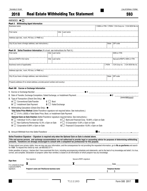 Form 593 Download Fillable PDF Or Fill Online Real Estate Withholding 