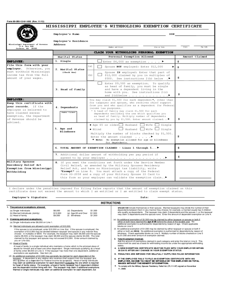 Form 89 350 14 8 1 000 Mississippi Employee S Withholding Certificate 