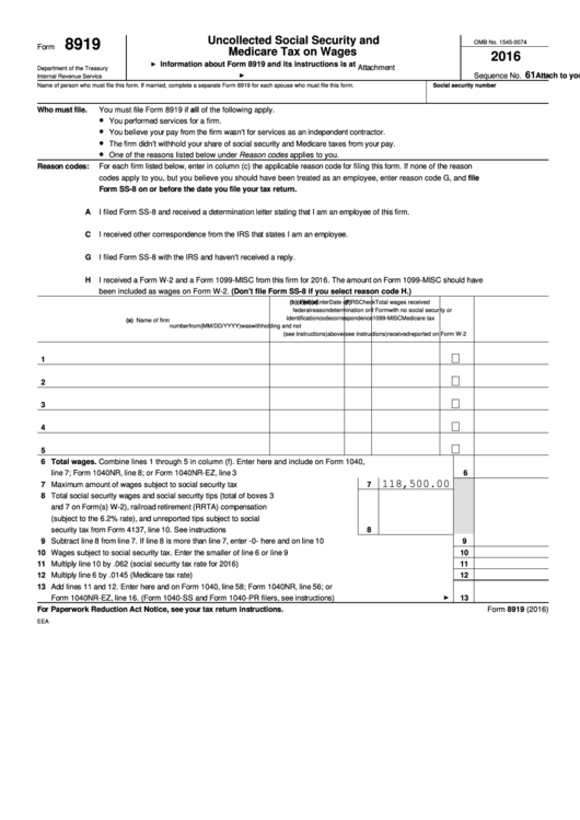 Form 8919 Uncollected Social Security And Medicare Tax On Wages 