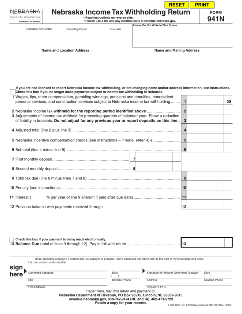 Form 941N Download Fillable PDF Or Fill Online Nebraska Income Tax 