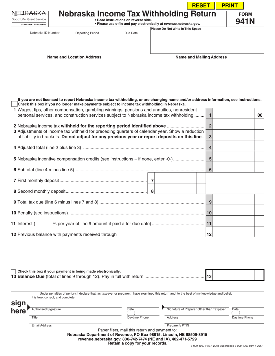 Form 941N Download Fillable PDF Or Fill Online Nebraska Income Tax