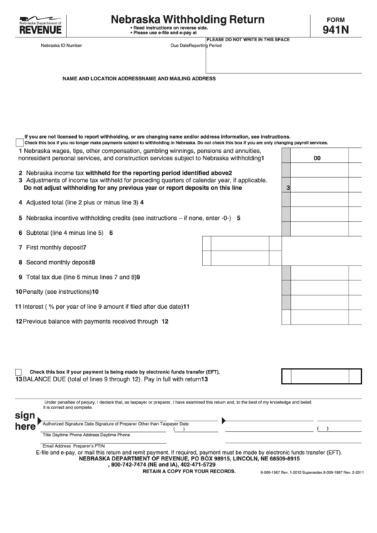 Form 941n Nebraska Withholding Return Printable Pdf Download