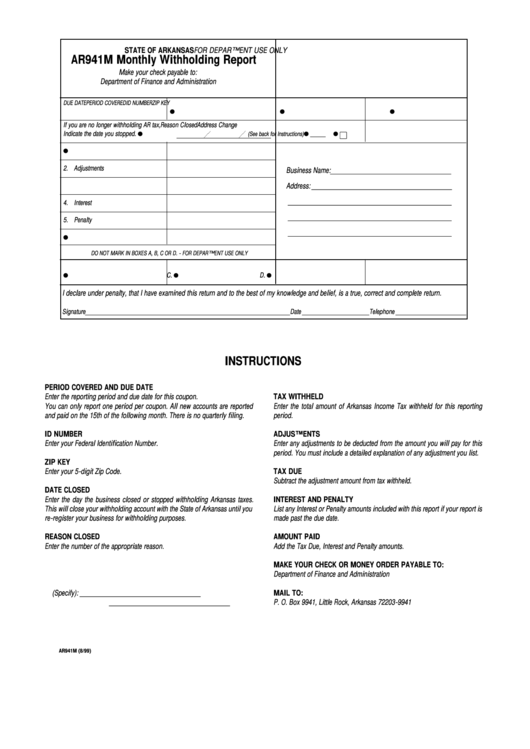 Form Ar941m State Of Arkansas Monthly Withholding Report 1999 