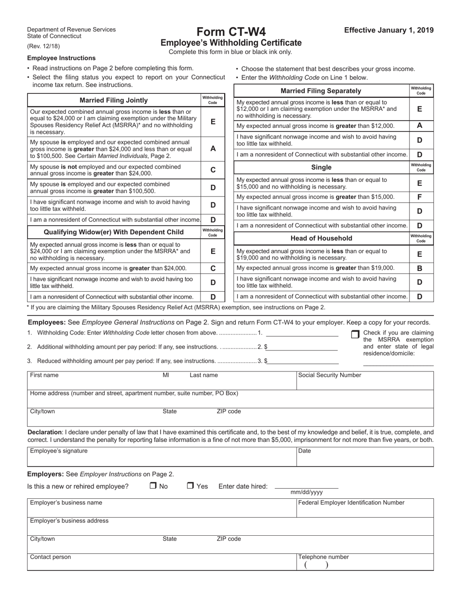 Form CT W4 Download Printable PDF Or Fill Online Employee s Withholding