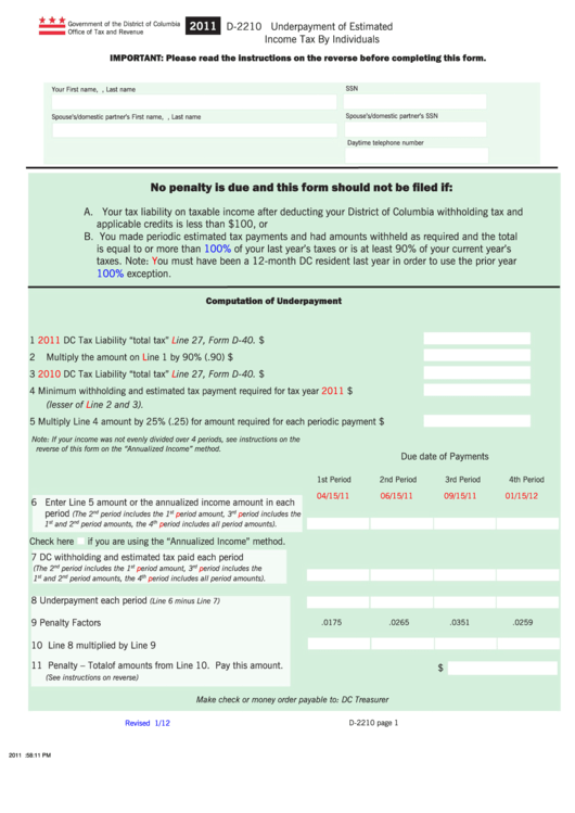 Form D 2210 Underpayment Of Estimated Income Tax By Individuals