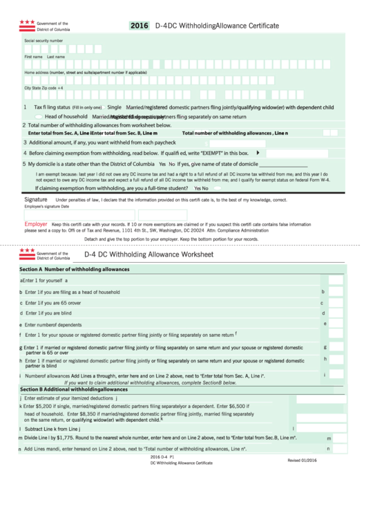 Form D 4 Dc Withholding Allowance Certificate 2016 Printable Pdf