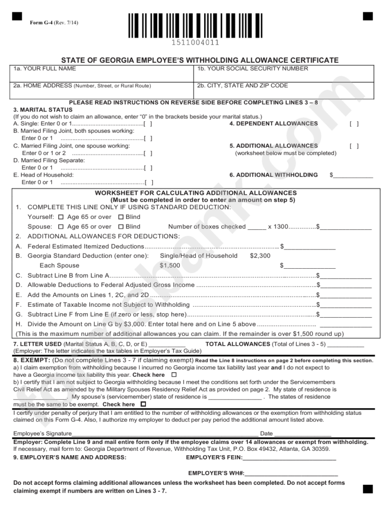 Form G 4 State Of Georgia Employee S Withholding Allowance 