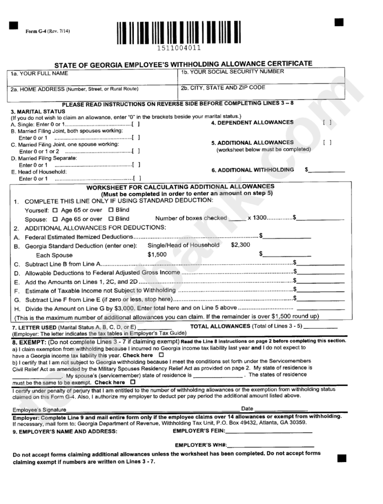 Form G 4 State Of Georgia Employee S Withholding Allowance 