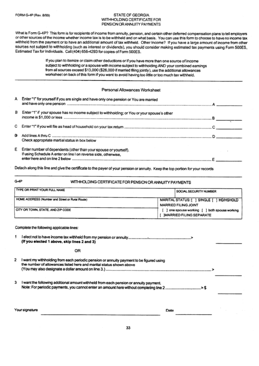 Form G 4p State Of Georgia Withholding Certificate For Pension Or 