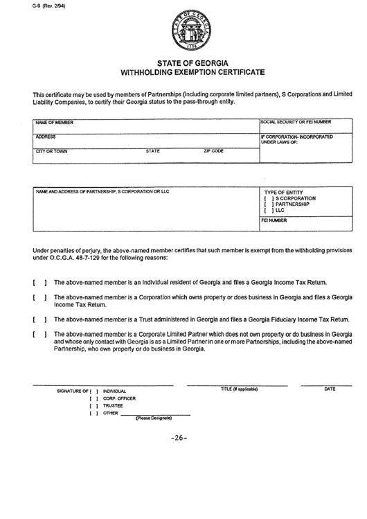 Form G 9 Withholding Exemption Certificate State Of Georgia 