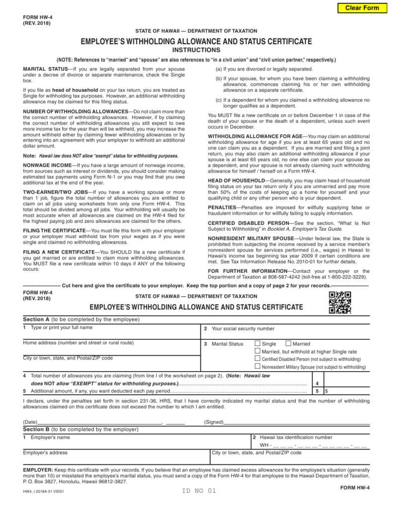 Form Hw 4 Employee s Withholding Allowance And Status Certificate 2024 