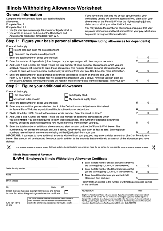 Form Il W 4 Illinois Withholding Allowance Worksheet Printable Pdf