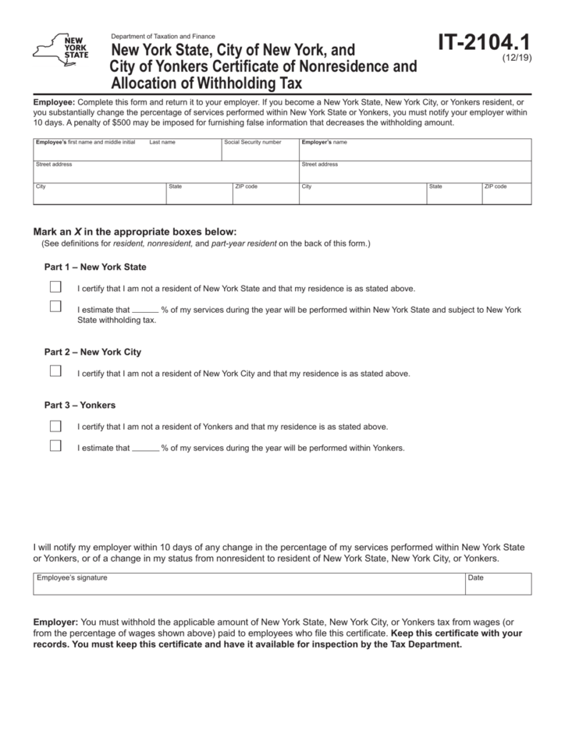 Form IT 2104 1 Download Fillable PDF Or Fill Online New York State 