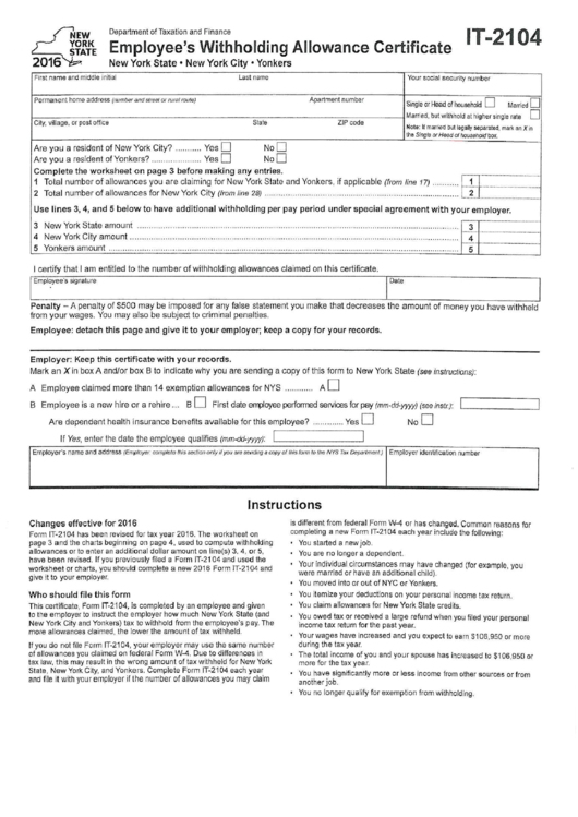 Form It 2104 Employee S Withholding Allowance Certificate 2016 