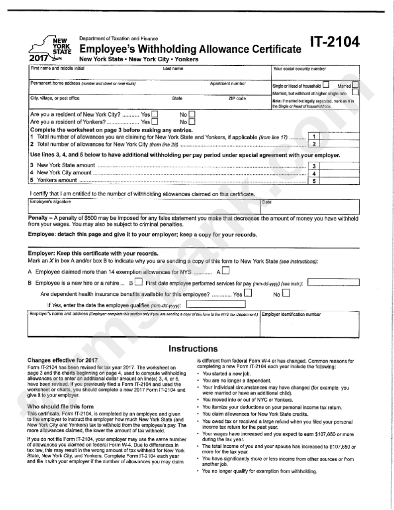 Form It 2104 Employee S Withholding Allowance Certificate 2017 