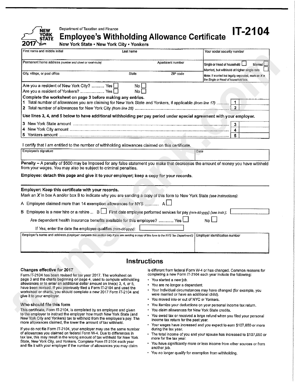 Form It 2104 Employee S Withholding Allowance Certificate 2017