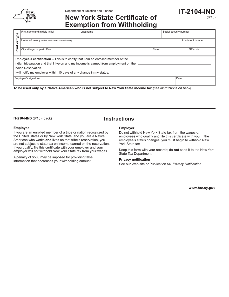 Form IT 2104 IND Download Fillable PDF Or Fill Online New York State 