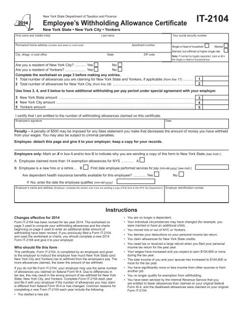 Form IT 2104 New York State Tax Withholding South Colonie