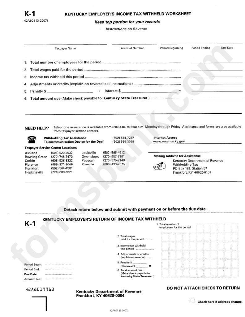 Form K 1 Kentucky Employer S Income Tax Withheld Worksheet Printable 