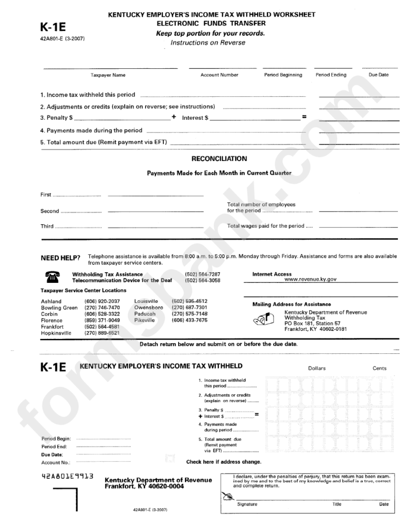 Form K 1e Kentucky Employer S Income Tax Withheld Worksheet Printable 