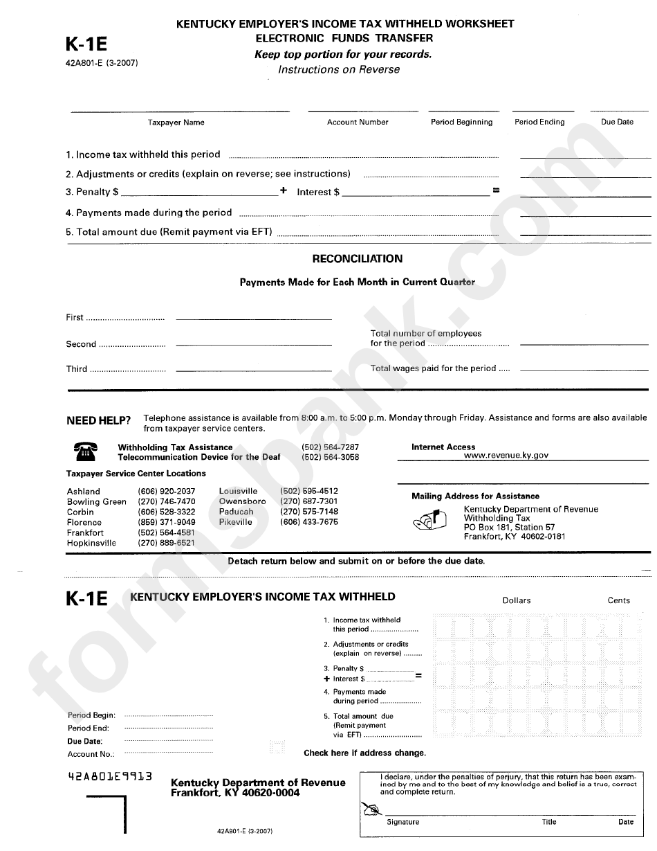 Form K 1e Kentucky Employer S Income Tax Withheld Worksheet Printable 