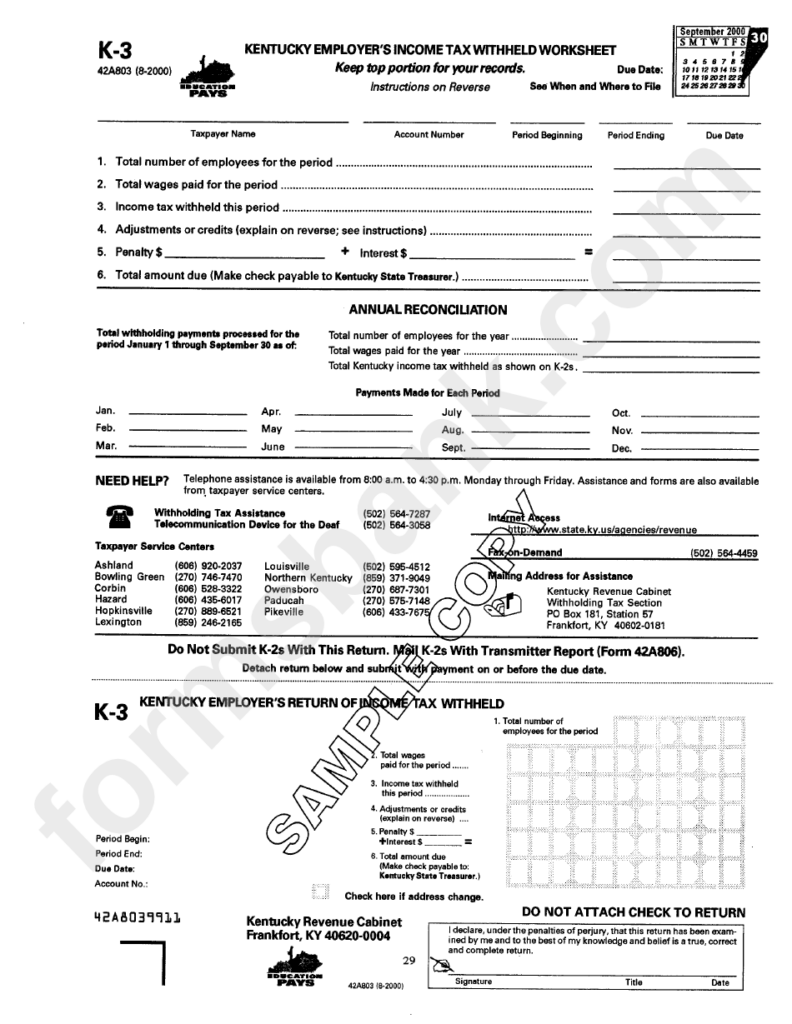 Form K 3 Kentucky Employer S Income Tax Withheld Worksheet Printable 