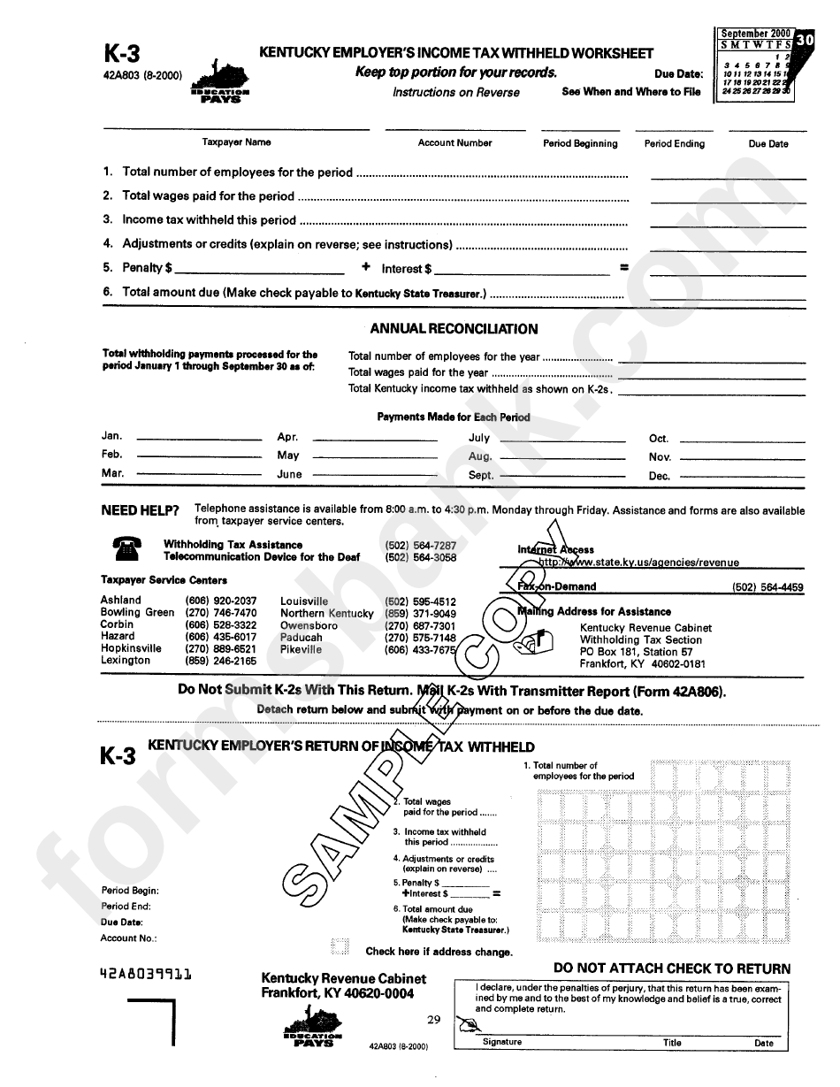 Form K 3 Kentucky Employer S Income Tax Withheld Worksheet Printable 