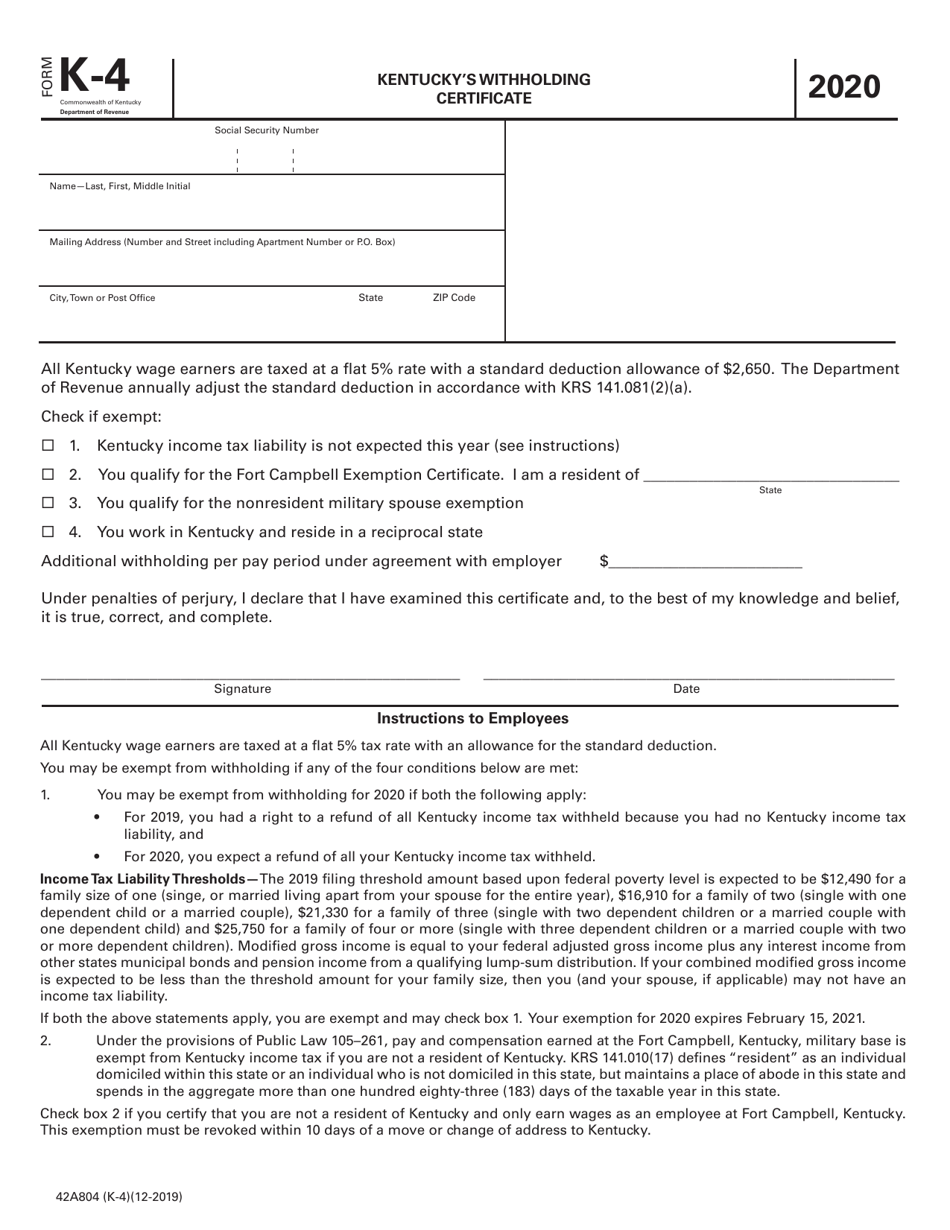 Form K 4 42A804 Download Printable PDF Or Fill Online Kentucky s