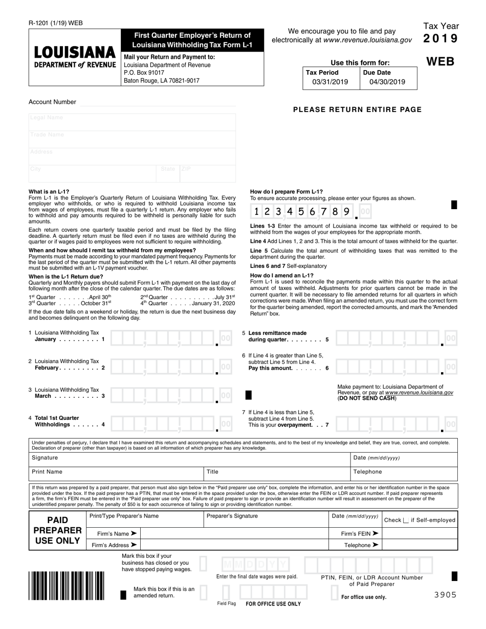 Form L 1 R 1201 Download Fillable PDF Or Fill Online First Quarter 