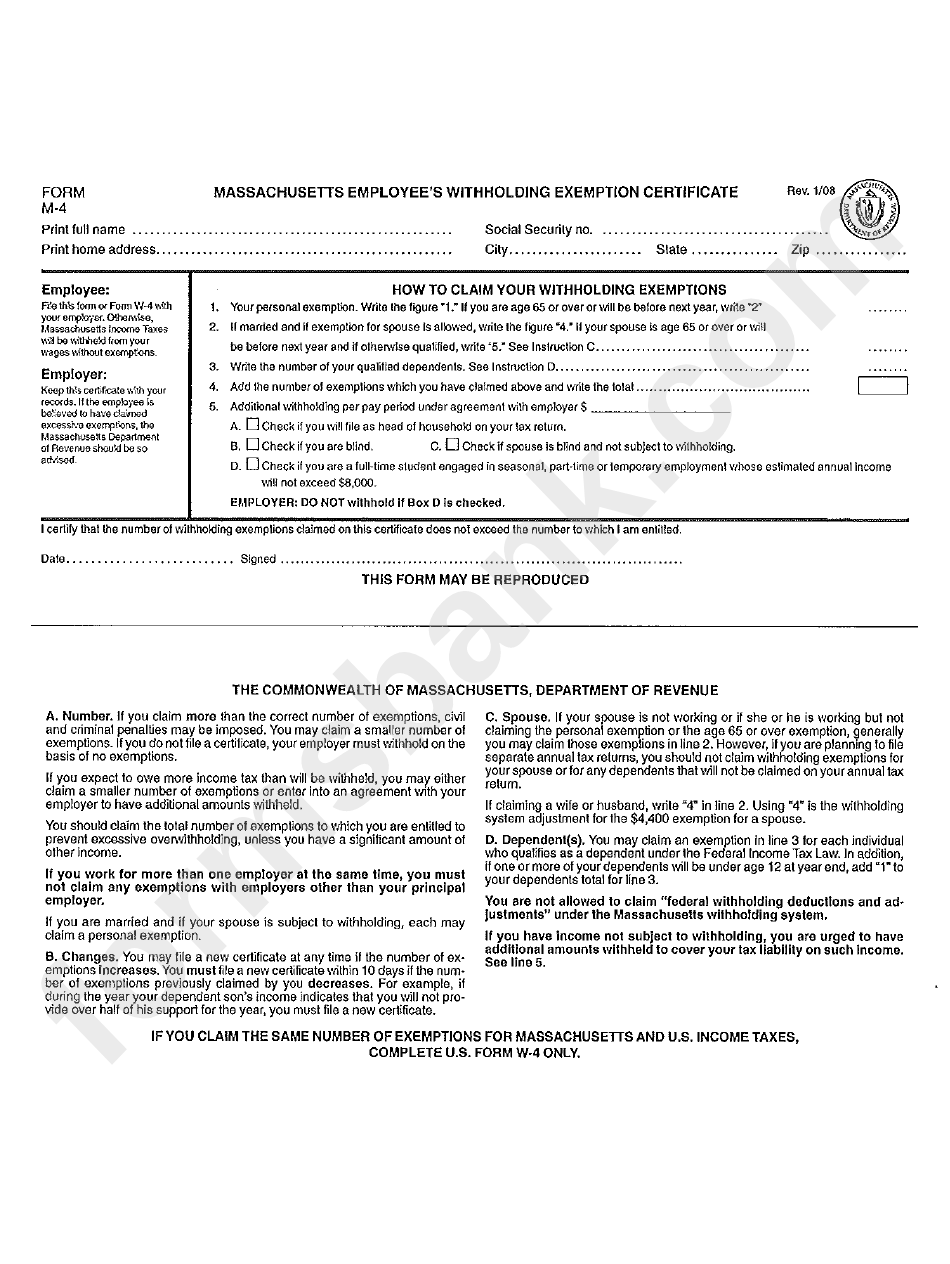 Form M 4 Massachusetts Employee S Withholding Exemption Certificate