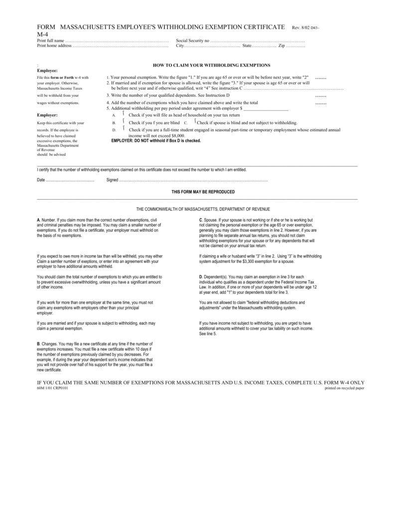 FORM MASSACHUSETTS EMPLOYEE S WITHHOLDING