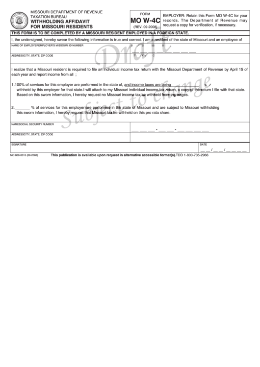 Form Mo W 4c Withholding Affidavit For Missouri Residents Printable 