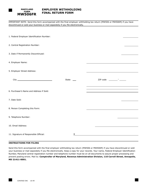 Form MW506FR Download Fillable PDF Or Fill Online Employer Withholding 