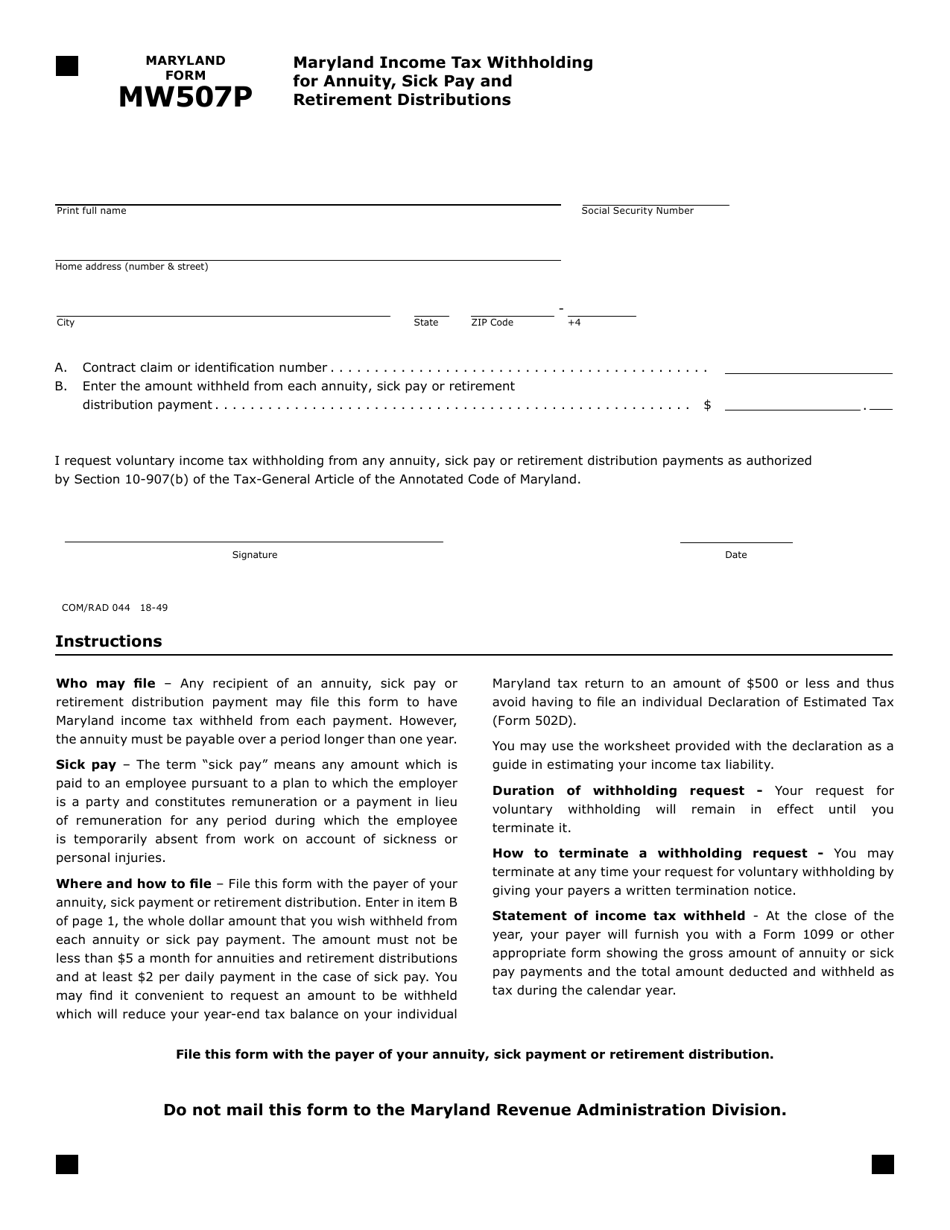 Form MW507P Download Fillable PDF Or Fill Online Maryland Income Tax 