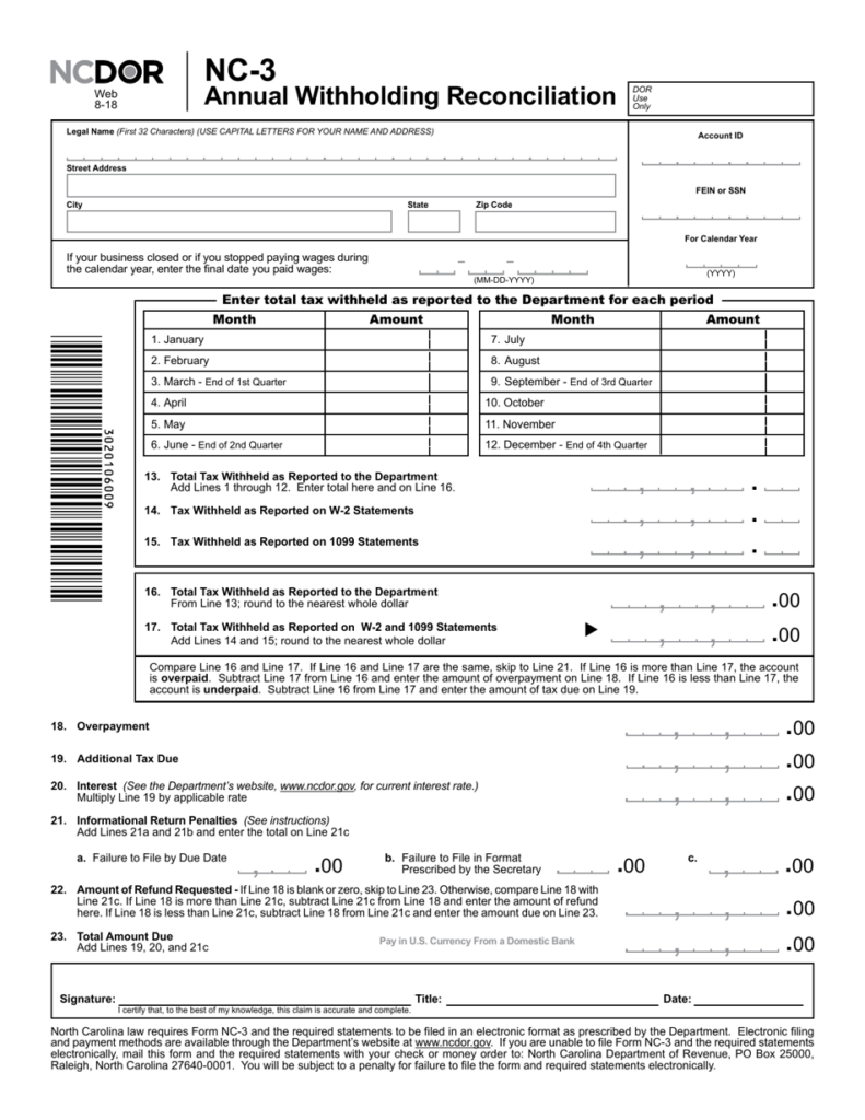 Form NC 3 Download Printable PDF Or Fill Online Annual Withholding 