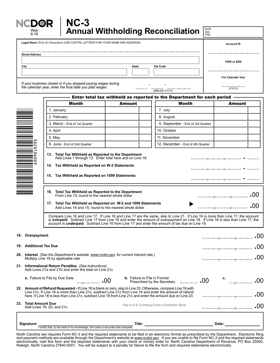 Form NC 3 Download Printable PDF Or Fill Online Annual Withholding