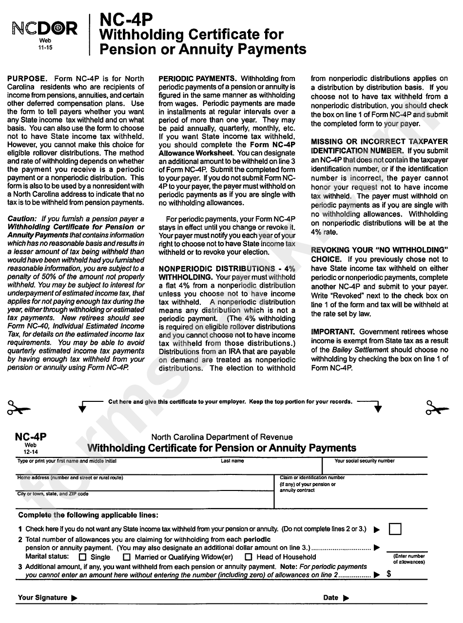 Form Nc 4p Withholding Certificate For Pension Or Annuity Payments 