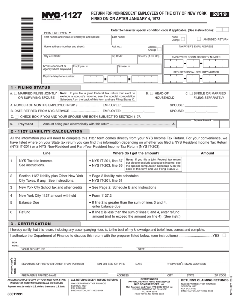 Form NYC 1127 Download Printable PDF Or Fill Online Return For 