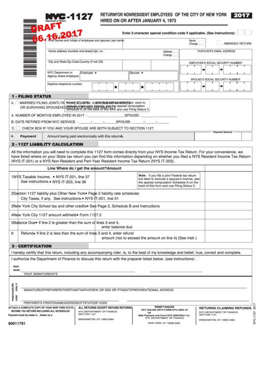 Form Nyc 1127 Draft Return For Nonresident Employees Of The City Of 