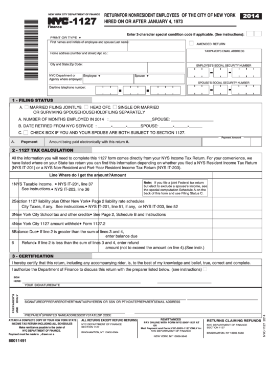 Form Nyc 1127 Return For Nonresident Employees Of The City Of New 