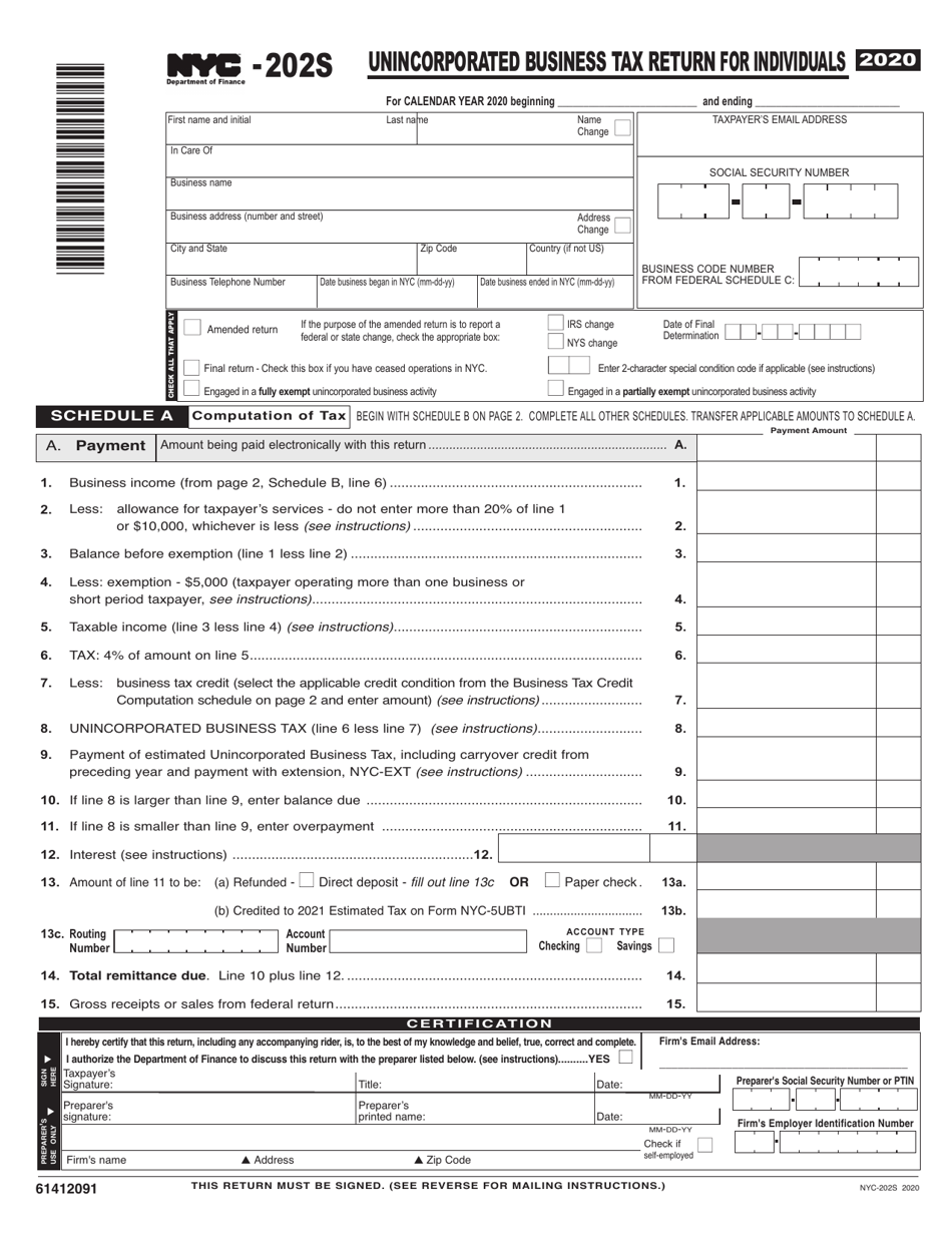 Form NYC 202S Download Printable PDF Or Fill Online Unincorporated