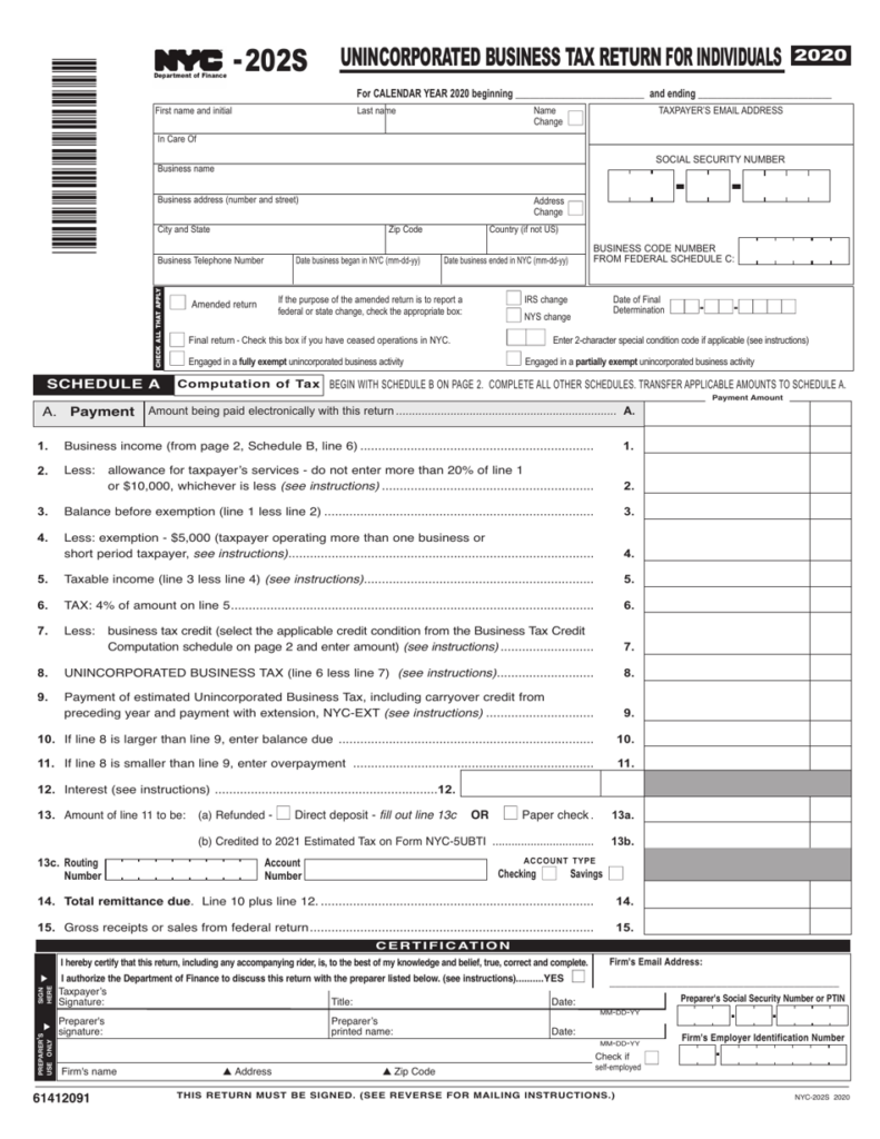 Form NYC 202S Download Printable PDF Or Fill Online Unincorporated 