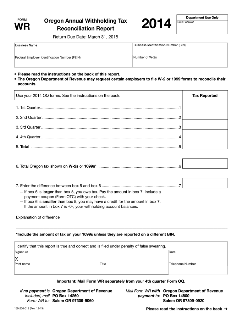 Form OR WR Oregon Annual Withholding Tax Reconciliation Report Fill 