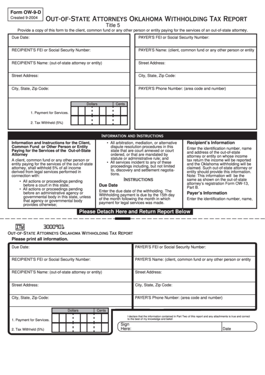 Form Ow 9 D Out Of State Attorneys Oklahoma Withholding Tax Report 