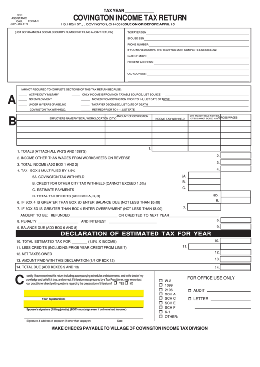 Form R Covington Income Tax Return Form Printable Pdf Download