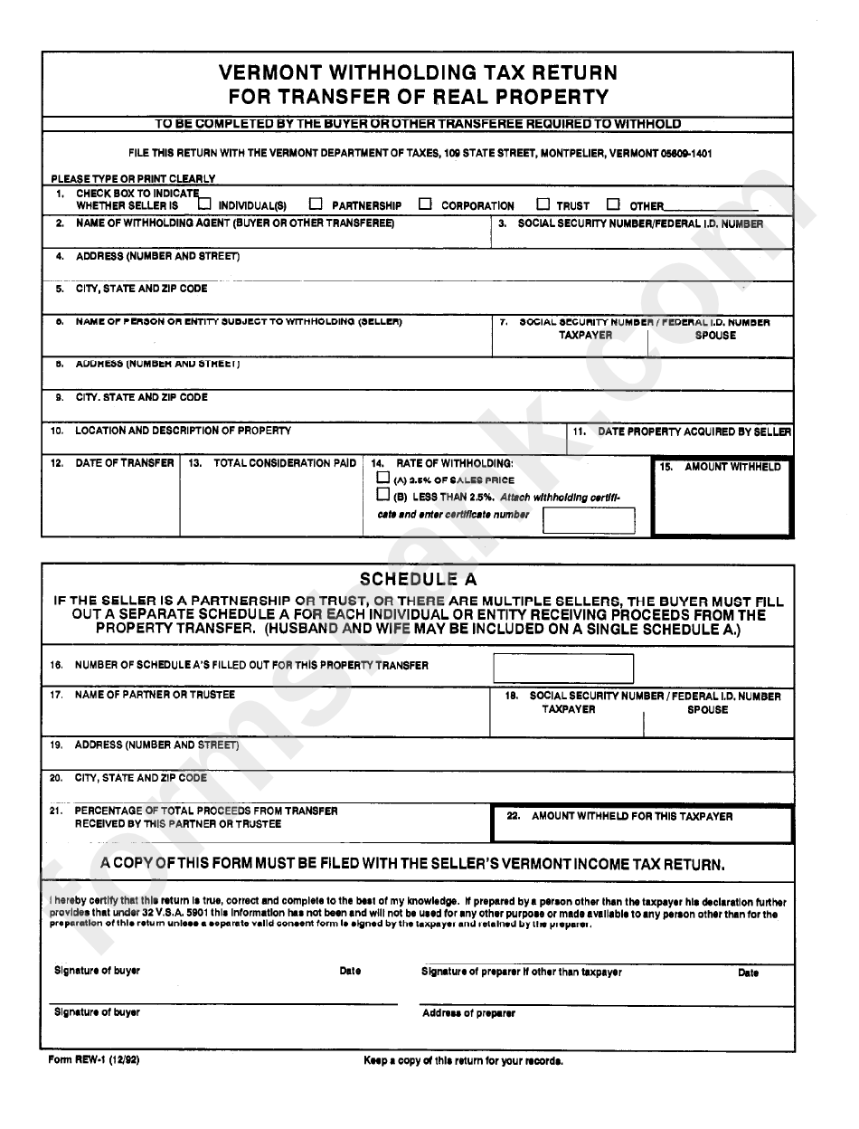 Form Rew 1 Vermont Withholding Tax Return For Transfer Of Real