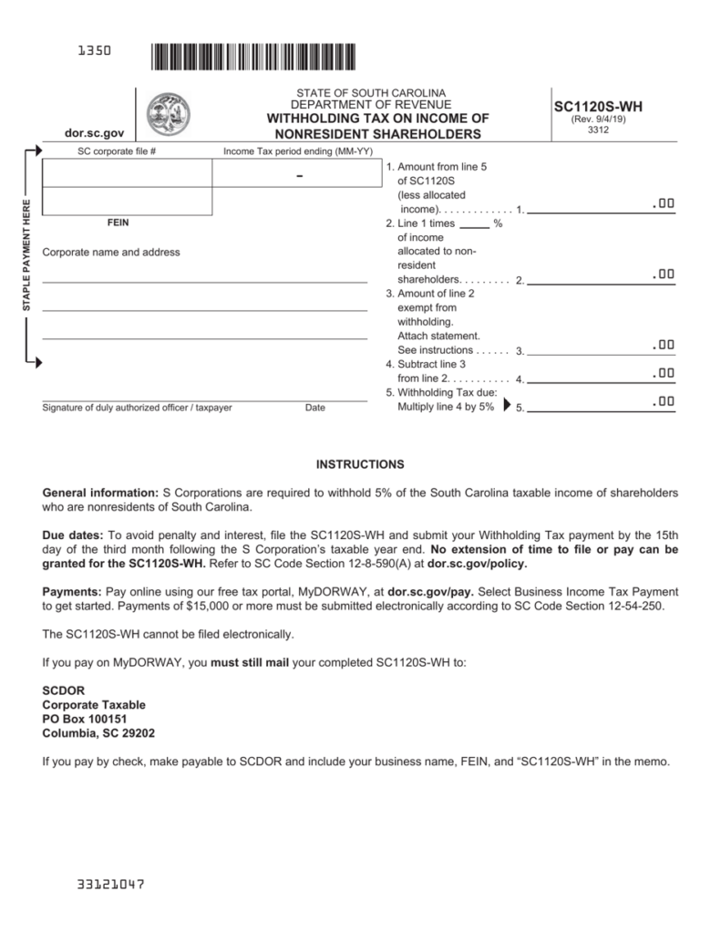 Form SC1120S WH Download Printable PDF Or Fill Online Withholding Tax 